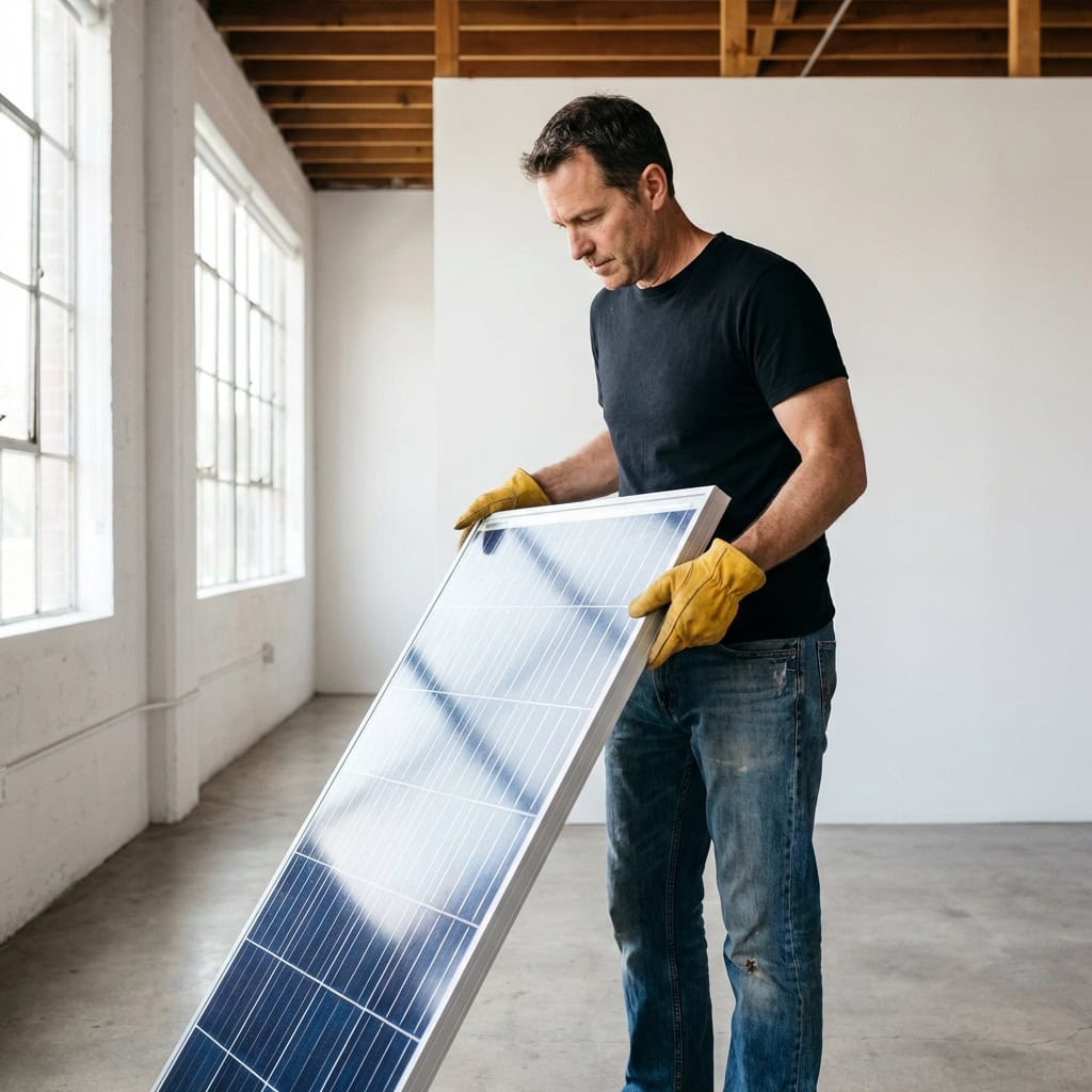 Trabajador sosteniendo panel solar